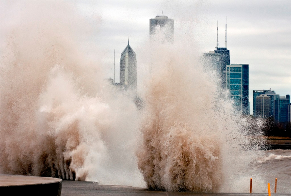 Huge wave splashing against Chicago's lakeshore during Superstorm Sandy, photo by Lloyd DeGrane